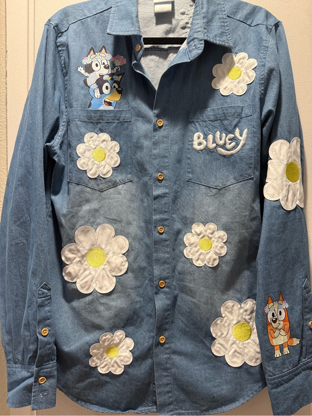 Bluey Adult's Denim Shirt Jacket in Light Blue with Daisy Patches